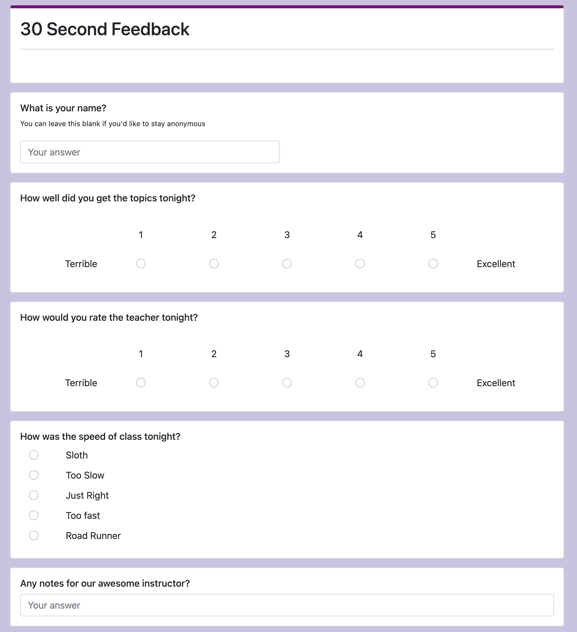 30 second feedback form